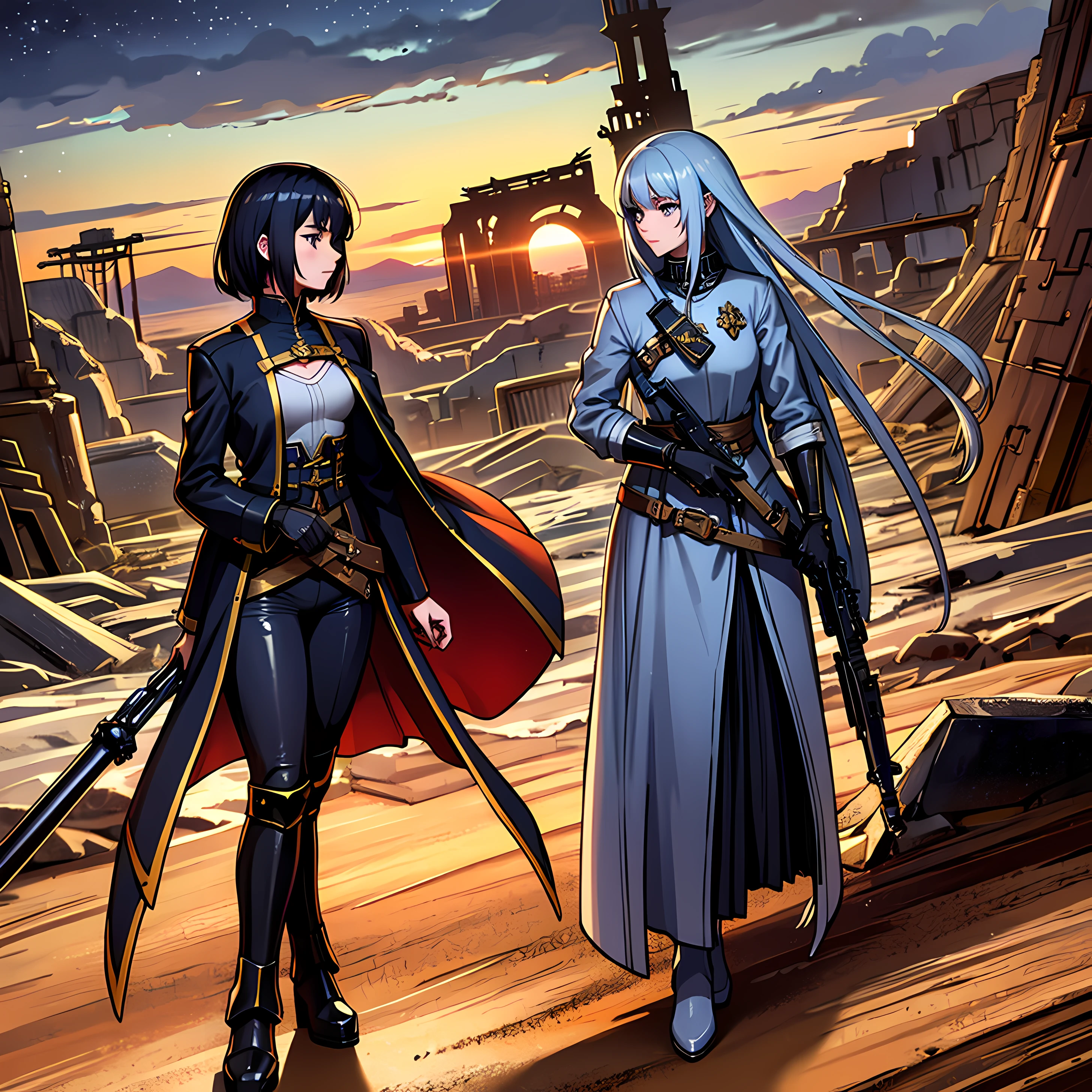 (best quality,highres),
medieval,sci-fi fusion scene,people,environment,
futuristic knights,flying ships,
castle with advanced technology,
colorful and vibrant atmosphere,
extremely detailed characters and surroundings,
shining armor and weapons,
glowing energy sources,
cosmic elements,
mysterious energy crystals,
blending medieval and futuristic architecture,
steampunk machinery,
intricate patterns and designs,
dramatic lighting and shadows,
elevated walkways and bridges,
hovering platforms,
futuristic technology fused with medieval aesthetics,
flying dragons and mythical creatures,
spectacular sky with multiple moons,
mystical runes and symbols,
elaborate costumes and fashion styles,
enchanted forests and lush landscapes,
advanced weaponry combined with ancient magic,
epic battles and heroic poses,
mystical artifacts and relics,
dystopian and utopian elements,
contrasting elements of chaos and order,
intriguing storylines and narrative,
imagination and creativity unleashed.