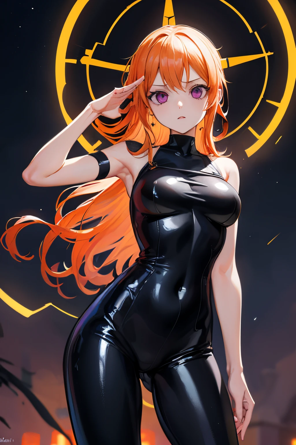 {1girl in},{{{{{masutepiece++, Best Quality++, Ultra-detailed+, 超A high resolution,(Photorealistic:1.4),Raw photo,(Nami)+,(Nami)+,(One Piece NAMI)+,(Onepiece),Orange hair, Girl in black latex full body suit,very aesthetic, Best Quality, absurderes, 1girl in, Brainwashed,}}}}}, ((Purple glowing eyes 1.2)), Big breasts,deadpan, darkness ,(Night:1.5),stand and salute