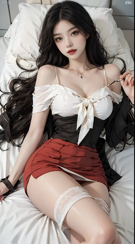 Sweet girl clothes5,high-waist skirt,jewelry,thighhighs, fashi-girl, red lips, mature female, makeup, Big eyes. Pretty eyes, ((Random shooting angles)), (best quality, masterpiece:1.2), ultra-detailed, (realistic:1.37), beautiful, youthful, glamorous model...