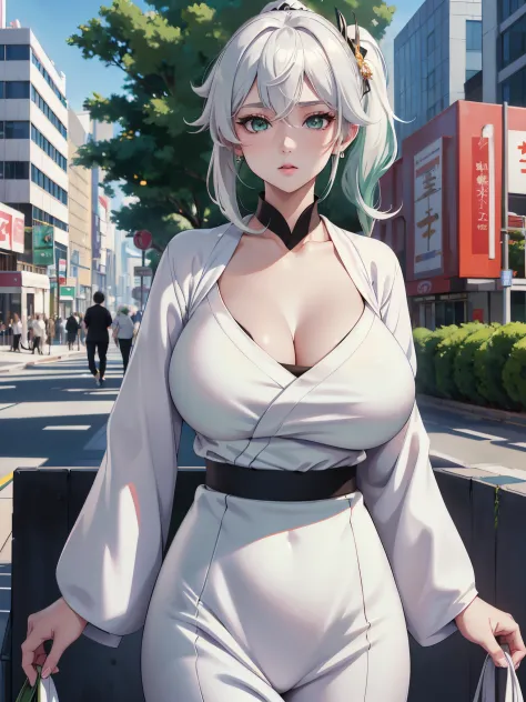 tmasterpiece , Best quality at best,Nahida(genshin impact), 1个Giant Breast Girl , white  shirt:1.5 ,side ponytails ,White hair ,Colorful hair, green-eyed,leisure wear , has cleavage , Black collar, Bao , Green hair,Heavy traffic , City life