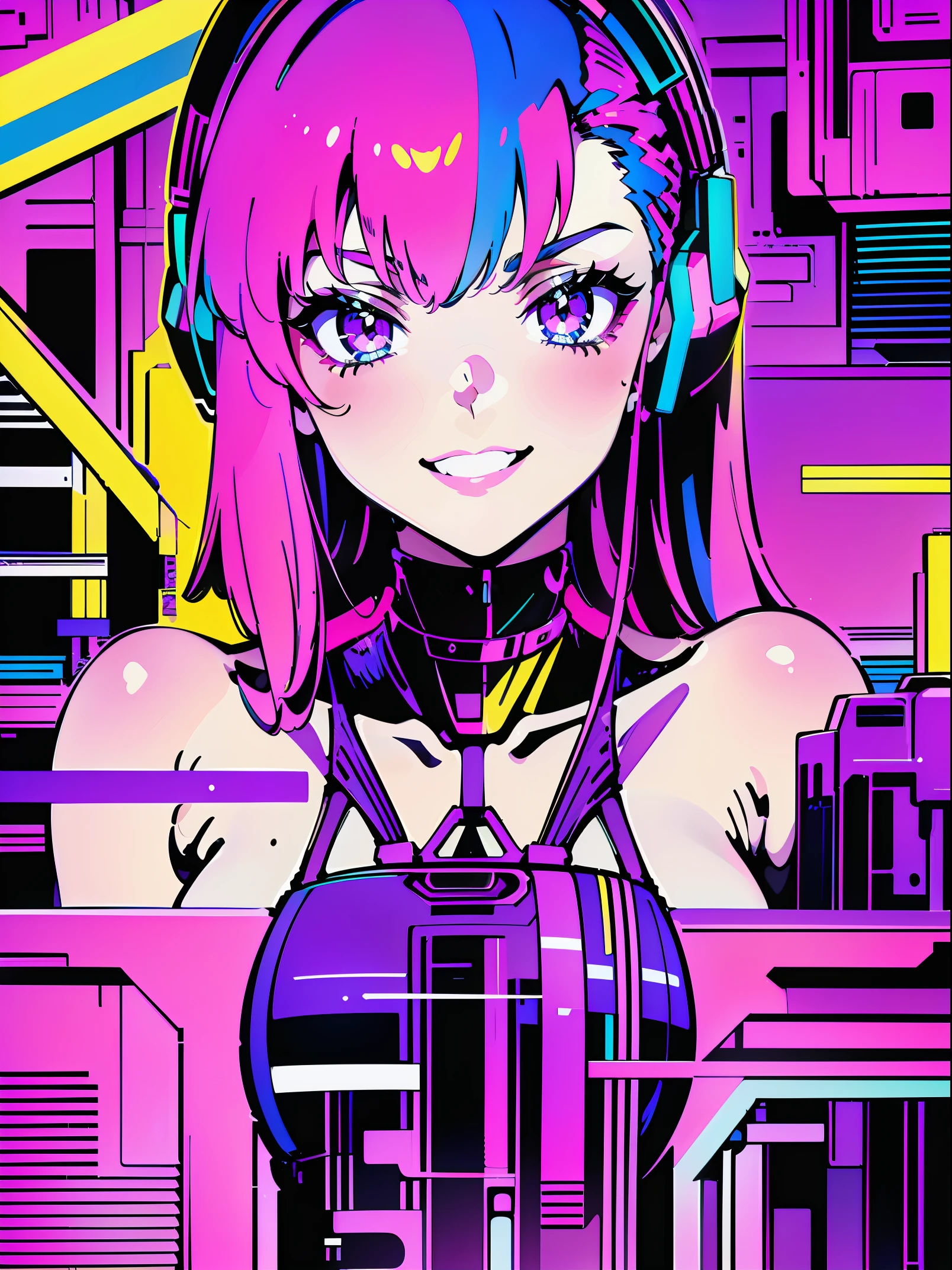 (best quality,4k,8k,highres,masterpiece:1.2),ultra-detailed, anime style, vapor wave aesthetic, line art, large breasts, bikini with harness, purple and hot pink background, setting sun, bright yellow accents, erotic pose, wearing large headphones, waifu, seductive expression:1.2,  smile with teeth