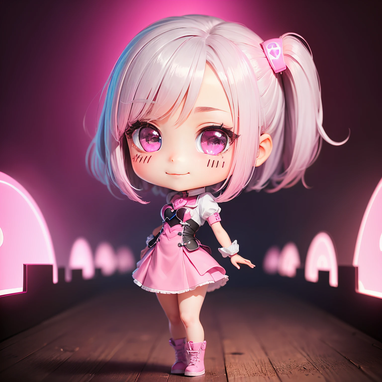 ​obra maestra、de primera calidad、ultra detallado、(1 chica personaje chibi:1.3)(realisitic、alta resolución)、Ojo de retoque、Bob de pelo gris、(Los ojos son rosados y en forma de corazón.:1.3)、(Corazón tridimensional brillante rosa sobre fondo:1.3)、Figura de pie de cuerpo entero.、Una sonrisa