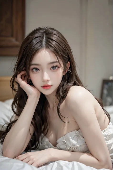 Sweet girl clothes4,strapless dress,jewelry, red lips, mature female, makeup, Big eyes. Pretty eyes, ((Random shooting angles)), (best quality, masterpiece:1.2), ultra-detailed, (realistic:1.37), beautiful, youthful, glamorous model with (detailed eyes, de...