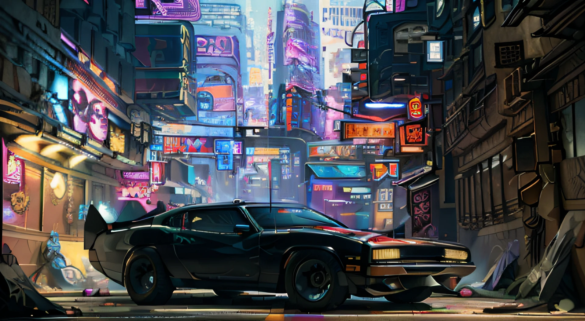 "cidade ciberpunk, fechar-se, futurista Dodge Charger, Edifícios imponentes, luzes de néon vibrantes, hologramas cativantes, um homem enigmático encostado ao Dodge Charger, adornado em uma jaqueta preta elegante, usando uma máscara oni, segurando uma arma, com um cigarro na mão, em meio a uma atmosfera arenosa e degradada."