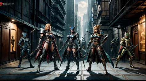 medieval Amazons are standing in a futuristic city with robots, full body shot, giga_busty