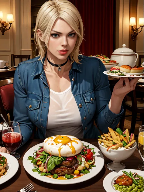 rose tyler, in a fancy restaurant, surrounded by food, food everywhere, table full of food in foreground, realistic, (realistic:...