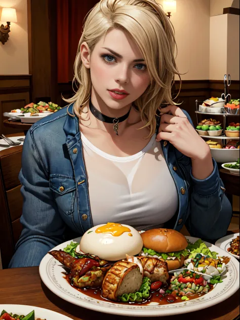 rose tyler, in a fancy restaurant, surrounded by food, food everywhere, table full of food in foreground, realistic, (realistic:...