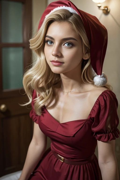 (The best quality, 4k, 8k, High Resolutions, Masterpiece:1.2), ultra detailed, detailed face, Detailed lips and eyes..........., cute makeup , attractive appearance, expressive face, realist,
TO BREAK  Loud ,beautiful caucasian woman with shoulder length messy wavy blonde hair, 17 years old, brown eyebrows, big blue eyes, clear skin, Slim and athletic ,
TO BREAK , (dynamic  pose), (naked),  cover your breasts with your hand, excited expression, Soft sunlight illuminating the scene, Subtle movement of the wind in the hair, cheerful expression, gloomy atmosphere, suave, Natural lighting that emphasizes your features..........., Subtle shadows that add depth and dimension to the image..........., (YOUNG) she wears a red christmas dress , Santa Claus Dress, Christmas ornaments