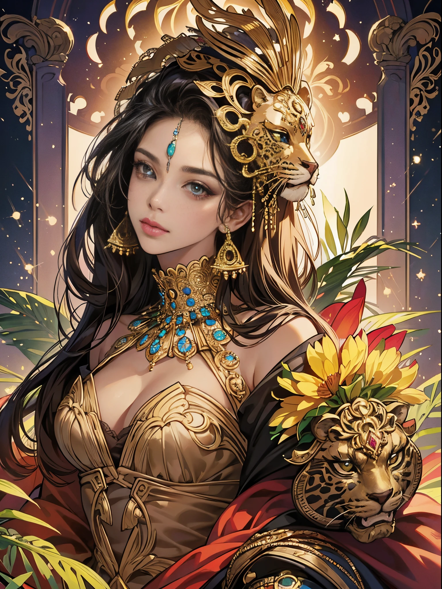 leopard motif、Vibrant colors、((​masterpiece)))、(((top-quality)))、((ultra-detailliert))、(A hyper-realistic)、(highly detailed CGillustration）、Official art、Land of Africa、Decadent、Brown-skinned、Black Beauty、Masquerade、sophisticated menegance、Gorgeous、Colorful and detailed mask design、matchless beauty、Fans、Sparkling Jewelry、Female Solo、Perfect Angle、perfect-composition