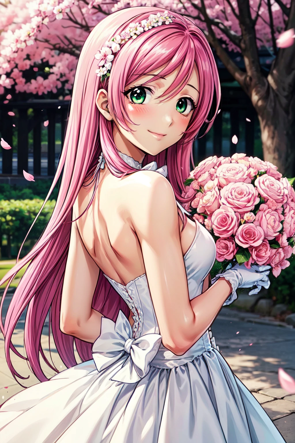 1 girl, 28 years old, Long pink hair, green eyes with slit pupils, small breasts, master-piece, best quality,  proportional body, proportional, Wedding Dresses, White Wedding Dress, Long skirt, wedding, Under the cherry blossom tree background, Cherry blossom petals are falling, outdoor, wedding, Upper body, The sky is beautiful, Both hands hold a bouquet of flowers, white gloves, Make eye contact with the camera, back figure, looking back, (light_Smile:1.5), (Detailed hands and fingers:1.2)