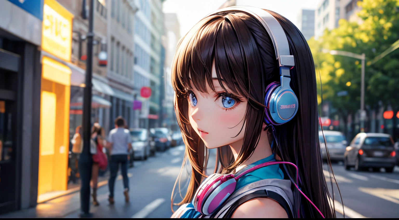 Pretty brunette girl listening to music with headphones