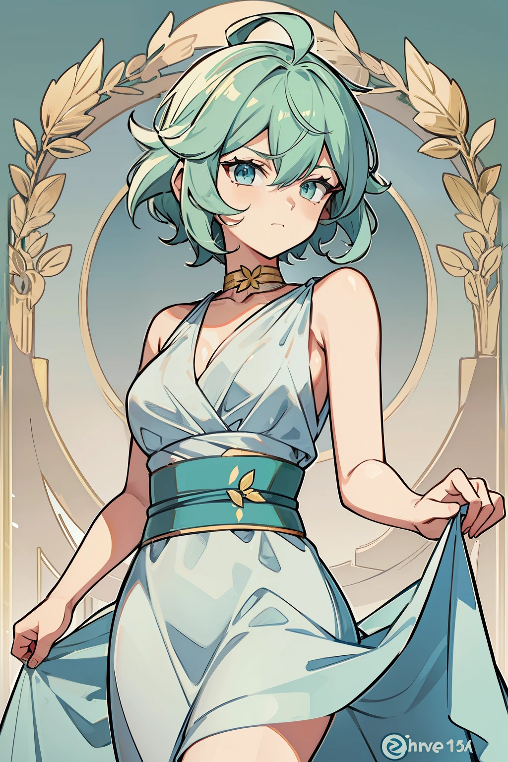 (high-quality, breathtaking),(expressive eyes, perfect face) 1girl, female, solo, young adult , light blue hair, green coloured eyes, stylised hair, gentle smile, short length hair, loose hair, side bangs, curley hair, really spiky hair, fluffy hair, looking at viewer, portrait, ancient greek clothes, blue tunic, white Chlamys, white and blue dress, sleeveless dress, greek, blue and gold sash, ocean background, gold leaf laurel on left and right side of hair, C cup size breasts, gold arm band on left arm