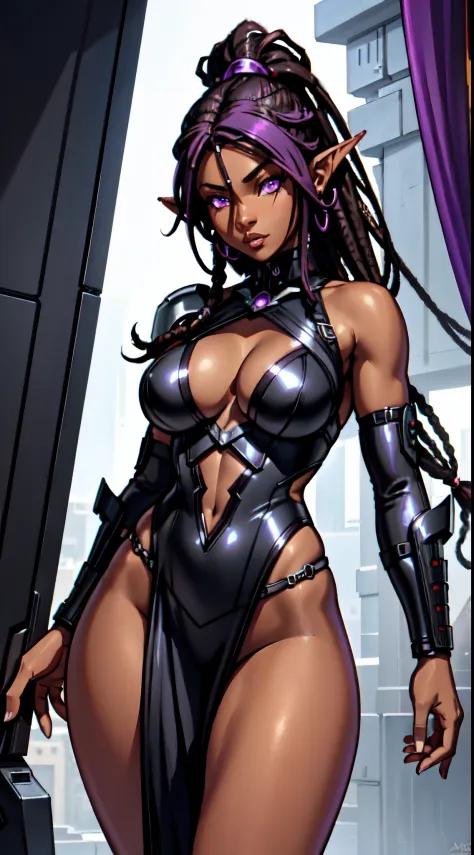 (Concept Art) of an (African-American) female, with dark (black dreadlocks), purple eyes, dark (brown skin), (pointed ears), (slutty assassin), (sexy) black armor, (lust) demon, (Sci-fi) fantasy, (close-up shot), perfect composition, hyper-detailed, 8K, hi...