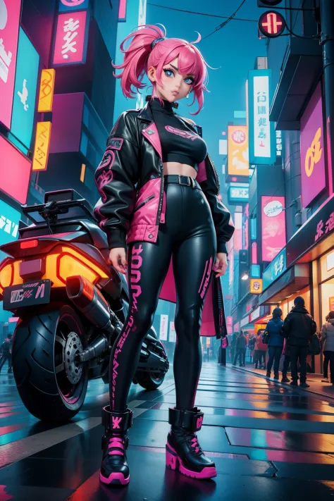 masterpiece, best quality, confident cyberpunk girl, full body shot, ((standing in front of motorcycle)), harajuku-inspired pop ...