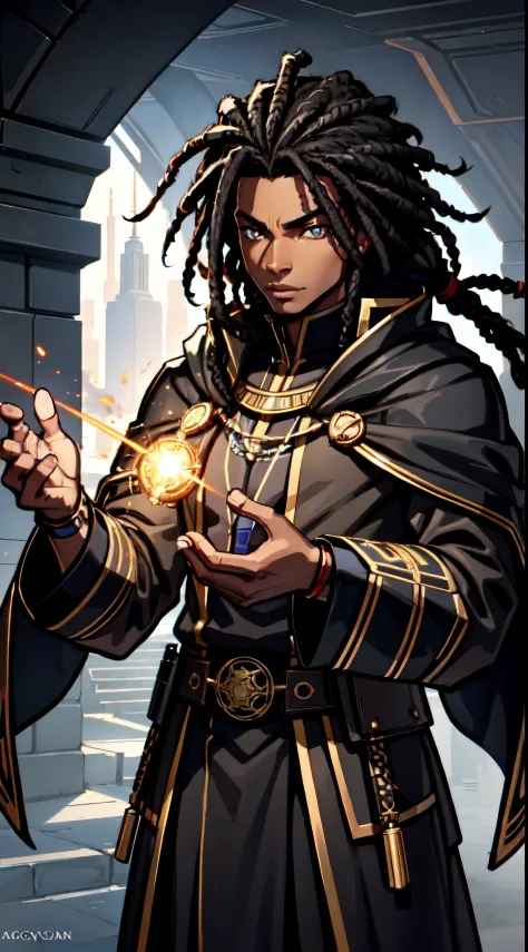 (Concept Art) of an (African-American) male, with dark (black dreadlocks), golden eyes, (prince), (young) assassin, (black) sith...