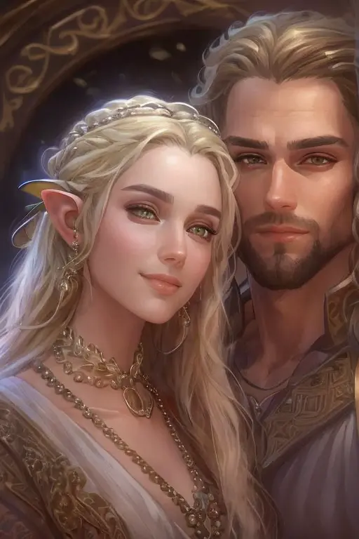 ((a smiling couple in love)), ((woman with long brown hair an elvish dress)), standing with ((a masculine man with short blonde ...