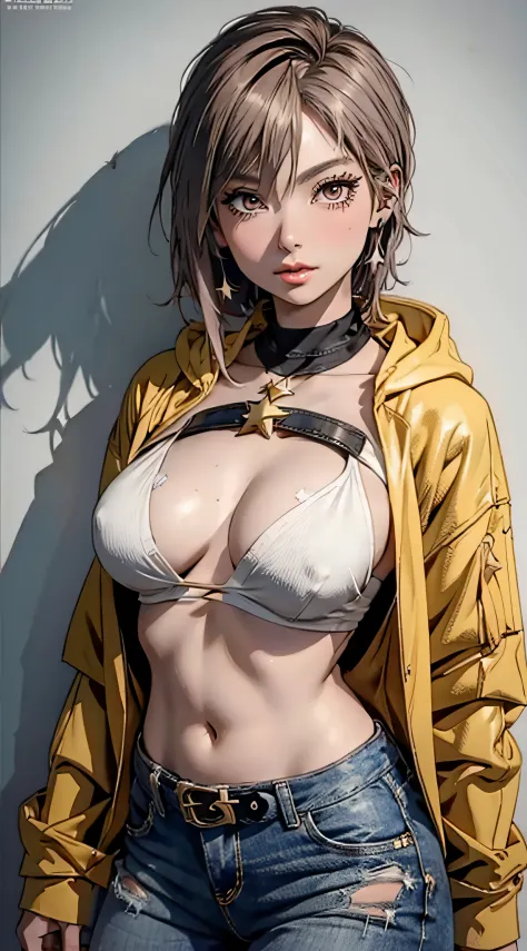 (NSFW),(((Superstar:1.3)))、cover page、Glamorous、Professional Woman Photography、Lover's perspective, She has a wink、8 Head Body、24 year old、((Beautiful mafia tanned woman photo)), ((Punk style)),  ((blue and gold hoodie, Torn pale loose jeans,pink buckle、Ai...