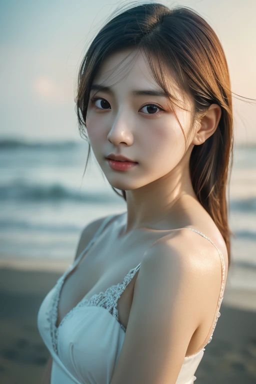 4k, high-res, best quality, (Korean idol), finely detailed skin, smooth face, sharp focus, (cinematic lighting), soft lighting, dynamic angle, [:(detailed face:1.2):0.3], A young Korean woman, at the beach, water's edge