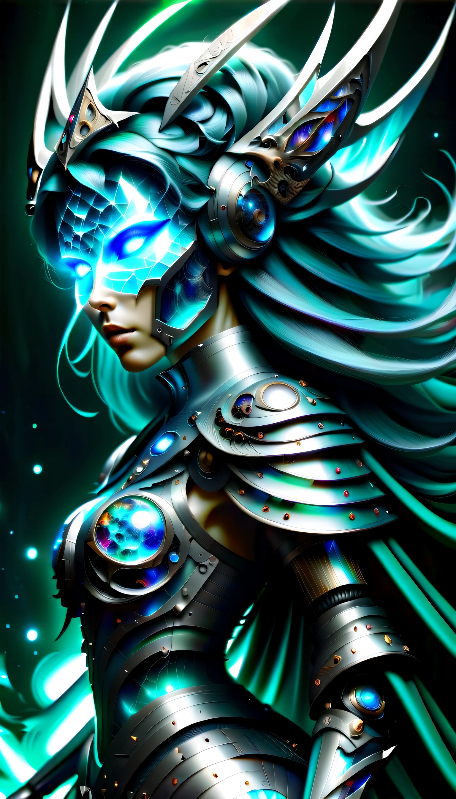 (Biopunk with Cyberpunk Majestic Android Profile:1.2), stunning holographic rendering, Swirl explosion background, hat with neo-medieval dress, very fine detail oil painting, (Stunning composition featuring biopunk:1.1), Mechanical Engineering - Mechanical Mechanics Delicate and beautiful shining silver hair:1.3), Elegantly against the backdrop of the magnificent trance wave sky, Full of fantastic moonlight and vibrancy, Fantastic broken glass hue, Multiple strong exposure effects are depicted, matte painting photo painting, Amazing sharpness and unparalleled clarity, Breathtaking details that seem almost unrealistic, Breathtaking details make it extremely attractive, Brush stroke techniques with exquisite details that are very unrealistic, amazing brush stroke technique, Unreal exquisite details, Gel ink craft dark cyan multicolor, crazy beautiful shine, Add impressive high contrast scenes, Overall amazingly beautiful, Amazingly accurate and elaborate throughout, (Gouache masterpieces inspired by medieval samurai and dark fantasy witches:1.1), crazy glow hair, (Mysterious  coating:1.1),