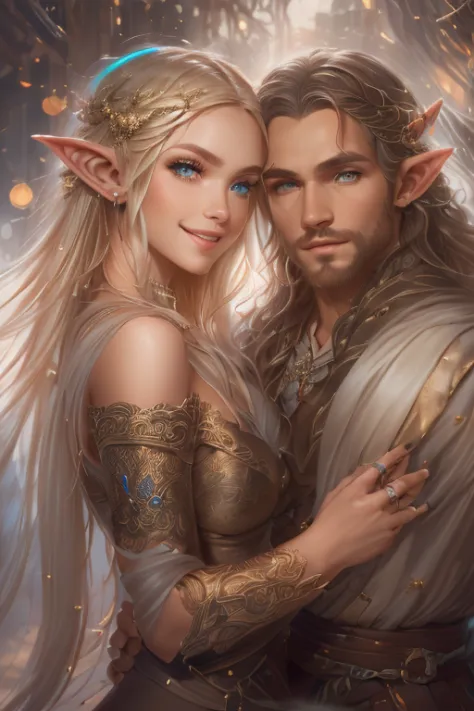 ((A smiling couple in love)), ((woman with long brown hair an elvish dress)), standing with ((a masculine man with short blonde ...