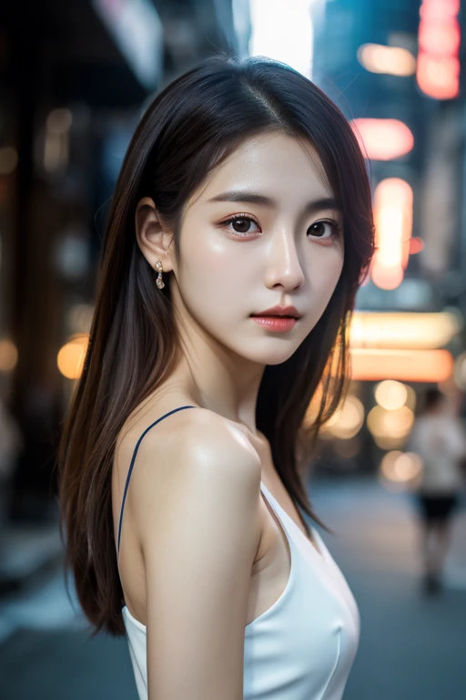 4k, high-res, best quality, (Korean idol), finely detailed skin, smooth face, sharp focus, (cinematic lighting), soft lighting, dynamic angle, [:(detailed face:1.2):0.3], A young Korean woman, in the city, full length photo, mini dress