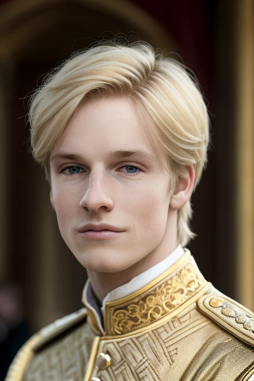 a young man, golden blonde hair,a close up of in castle, masterpiece,realistic, 4k, detailed, of london in the day, highly detailed face, f2.8,denoise, dof, prince regal clothes, blur background,