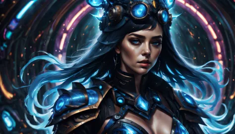 (Cyberpunk Majestic Biopunk using androids:1.2), stunning holographic rendering, Swirl explosion background, hat with neo-medieval dress, very fine detail oil painting, (Stunning composition featuring biopunk:1.1), Mechanical Engineering - Mechanical Mecha...