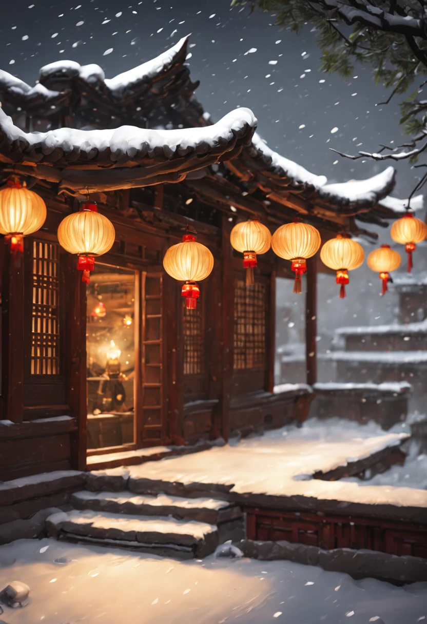 Ancient china house, roof, snowfall, small lanterns and bells, perspective is from inside the house looking out the window seeing snowfall, inside the house is cozy