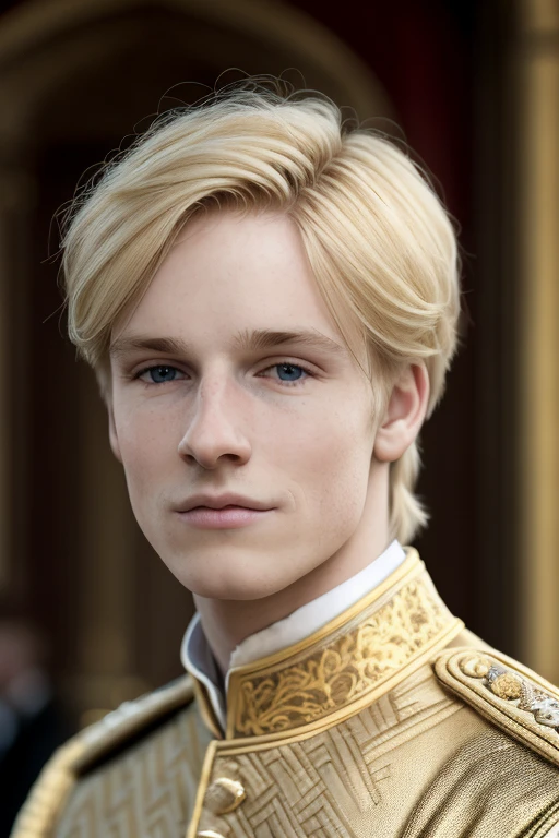 a young man, golden blonde hair,a close up of in castle, masterpiece,realistic, 4k, detailed, of london in the day, highly detailed face, f2.8,denoise, dof, prince regal clothes, blur background,