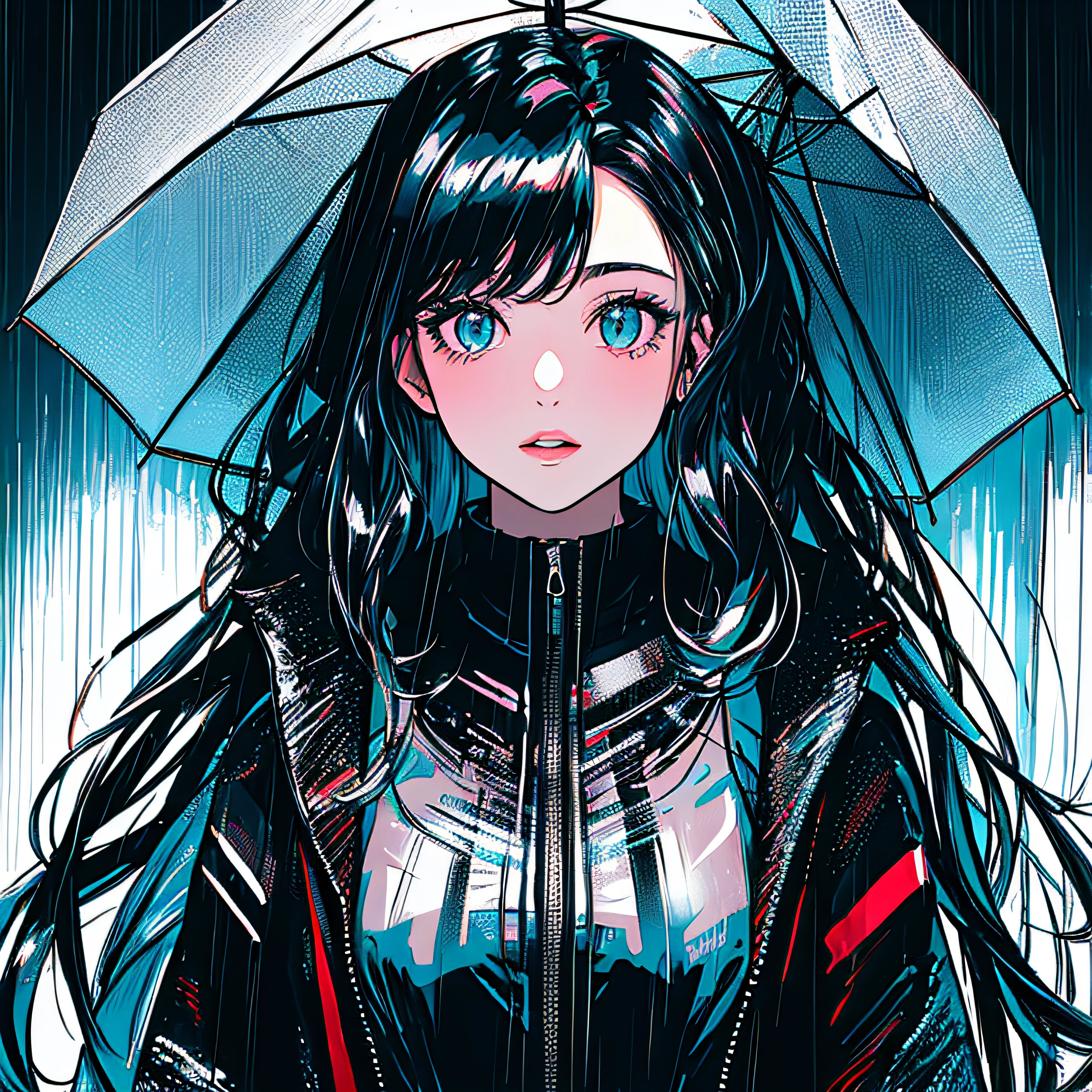(masterpiece, top quality, best quality, official art, beautiful and aesthetic:1.2), girl, alone in the rain with a jacket in a dark city, extreme detailed,highest detailed, optical mixing, playful patterns, lively texture, unique visual effect