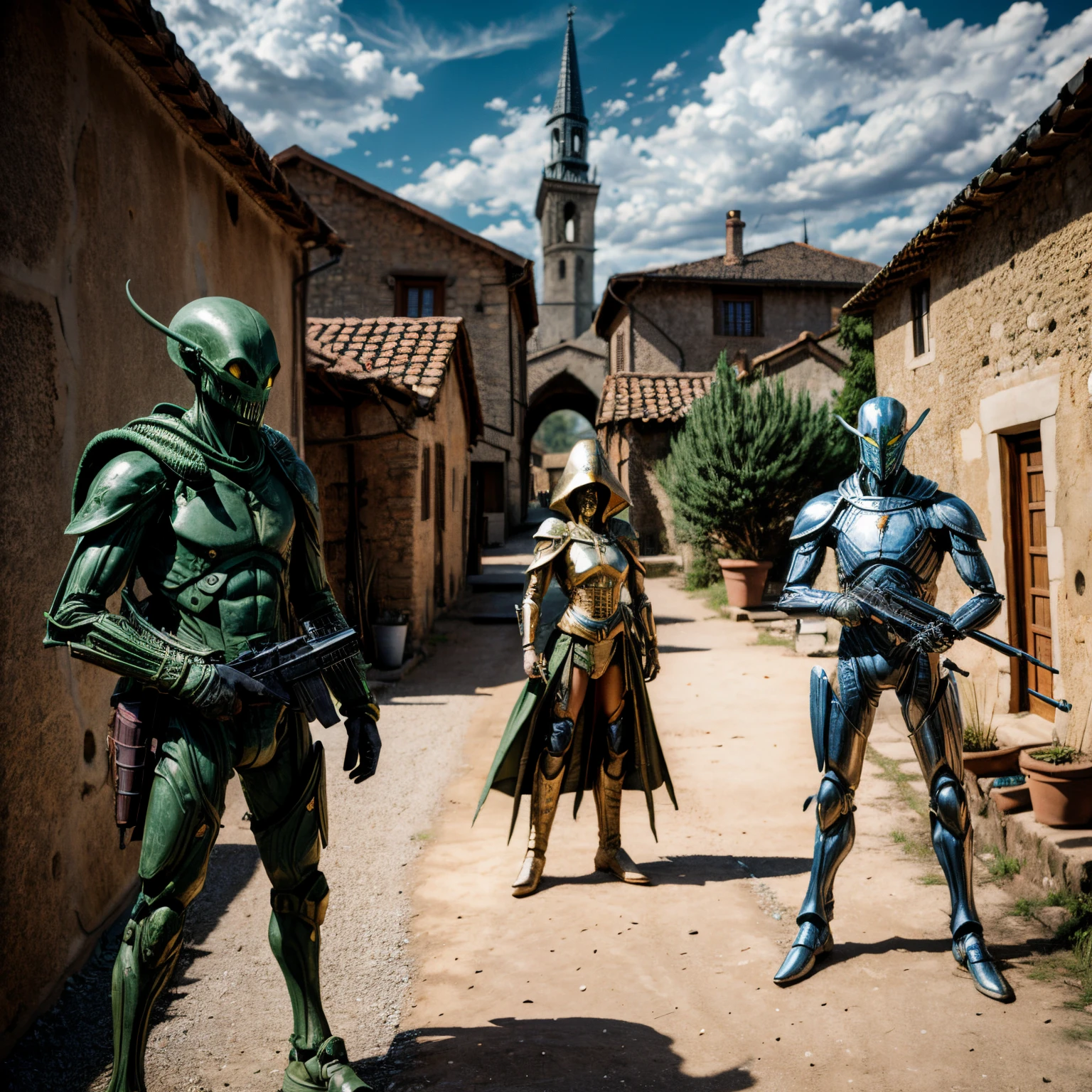Bewaffnete Aliens stehen in einem mittelalterlichen Dorf