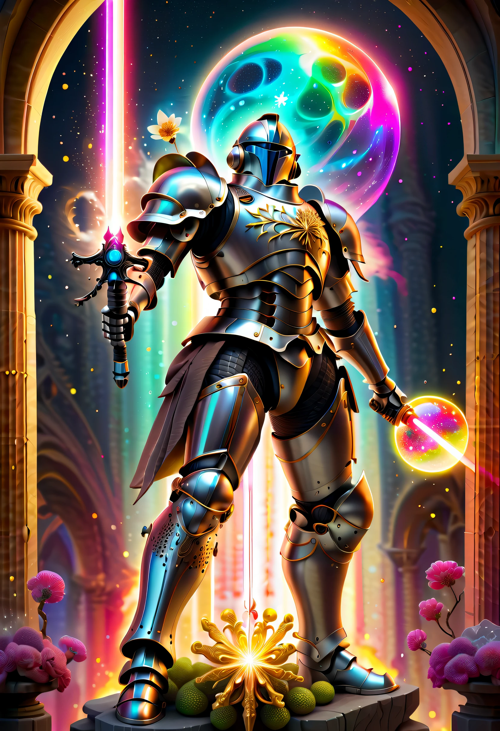 Stunning intricate super illustration, A fusion of medieval knights and sci-fi armor, Laser sword in hand, art of shadow and shine, photorealistic paintings, Baroque architecture with many sparkling rainbow gradient bubbles in the background, Hazy half moon and starry sky, Light and Darkness, Explosion of blue-white flame, dark fantasy glass flower, tree that bears snowflake fruit, Highest Quality,