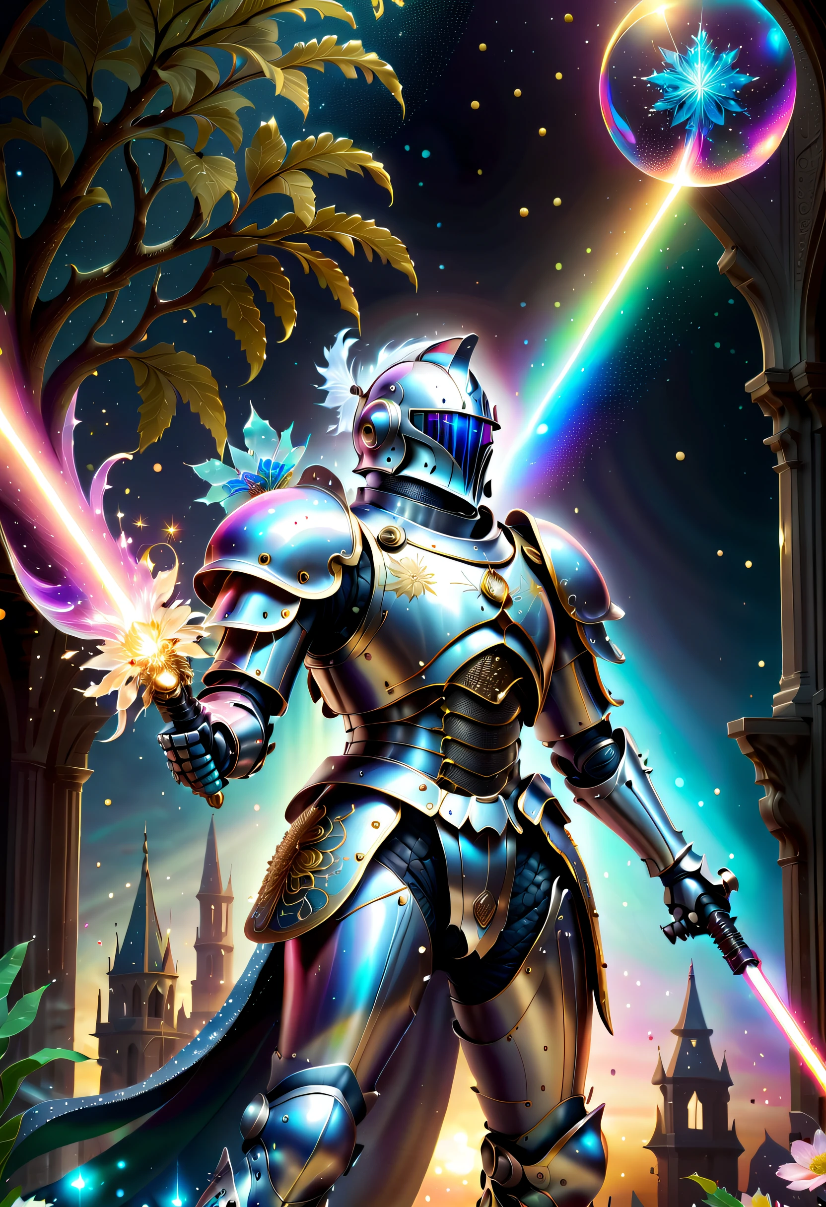 Stunning intricate super illustration, A fusion of medieval knights and sci-fi armor, Laser sword in hand, art of shadow and shine, photorealistic paintings, Baroque architecture with many sparkling rainbow gradient bubbles in the background, Hazy half moon and starry sky, Light and Darkness, Explosion of blue-white flame, dark fantasy glass flower, tree that bears snowflake fruit, Highest Quality,