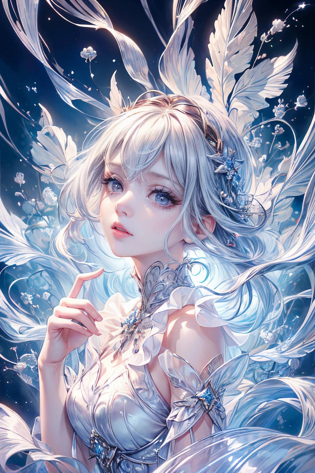 (Best quality at best, 8K, CG, Beautiful and detailed upper body, Solitude, Thumb girl, Transparent court dress, florest background, Complex facial features, long, floated hair, almond eyes, exquisite eye makeup, long eyelashes fluttering, Blink big eyes, starrysky, Delicate lip detailing, Soft and harmonious style)