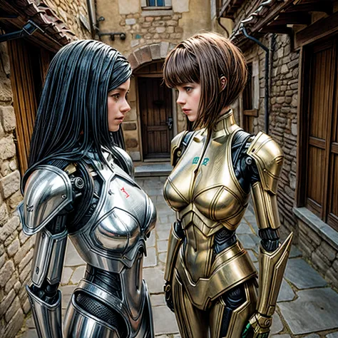 female aliens and robots stands in a medieval village