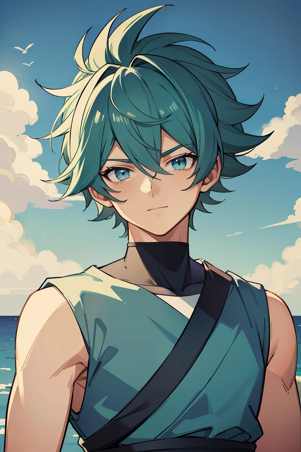 (high-quality, breathtaking),(expressive eyes, perfect face) 1boy, male, solo, young adult , medium blue hair, green coloured eyes, stylised hair, gentle smile, short length hair, loose hair, side bangs, curley hair, really spiky hair, spiked up hair, looking at viewer, portrait, ancient greek clothes, blue black and white tunic, white Chlamys, sleeveless, greek, blue and gold sash, ocean background, laurel accessory, slightly narrow eyes, masculine face, masculine eyes