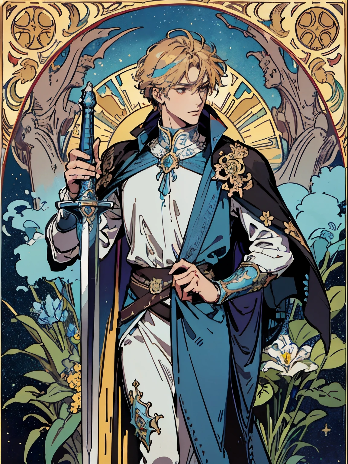 (Flat color:1.1),(Colorful:1.3),(Masterpiece:1.2), tarot: Knight, Best quality, Masterpiece, Original, 1 male, a knight, paladin with a sword in his hand，Full body photo of men，Very detailed wallpaper,Solo，Blue starry sky，tarot card layout，Best quality, Masterpiece, (Realistic:0.6), Realistic lighting,Flower frame， Decorative panels， abstract artistic， Alphonse Mucha （tmasterpiece， best qualtiy， A high resolution： 1.4）， A detailed， Complicated details， 4K，cerulean， Line art， Fibonacci