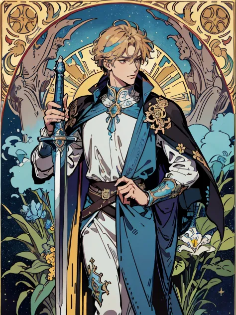 (Flat color:1.1),(Colorful:1.3),(Masterpiece:1.2), tarot: Knight, Best quality, Masterpiece, Original, 1 male, a knight, paladin with a sword in his hand，Full body photo of men，Very detailed wallpaper,Solo，Blue starry sky，tarot card layout，Best quality, Ma...