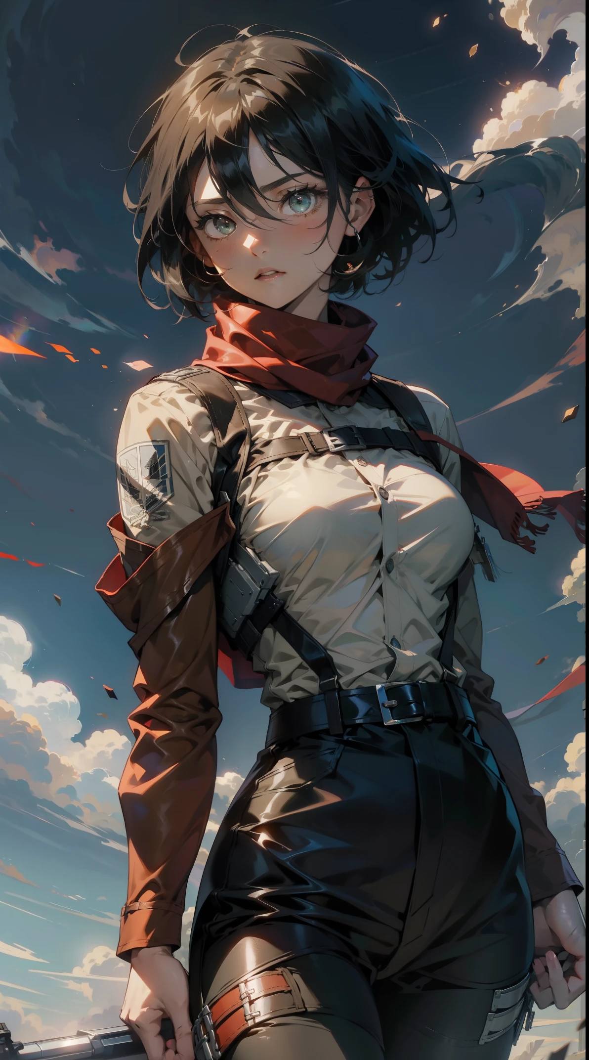 aot style, shingeki no kyojin,

mikasa ackerman,cleavage，Off-the-shoulder attire

1girl, arm strap, bangs, black hair, black pants, breasts, cowboy shot, embers, green eyes, grey background, hair between eyes, harness, long sleeves, looking at viewer, medium breasts, pants, red scarf, scarf, shirt, short hair, smoke, solo, thigh strap,  brown jacket, white shirt, survey corps \(emblem\)

, ((masterpiece)), best quality
,