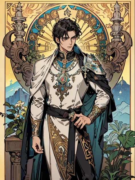 (Flat color:1.1),(Colorful:1.3),(Masterpiece:1.2), tarot: 1knight, backlit black hair, paladin with a sword, clad in metal armor, Chris Bumstead, Leon Scott Kennedy, formidable and handsome, dominant, Best quality, Masterpiece, Original, Full body photo of...