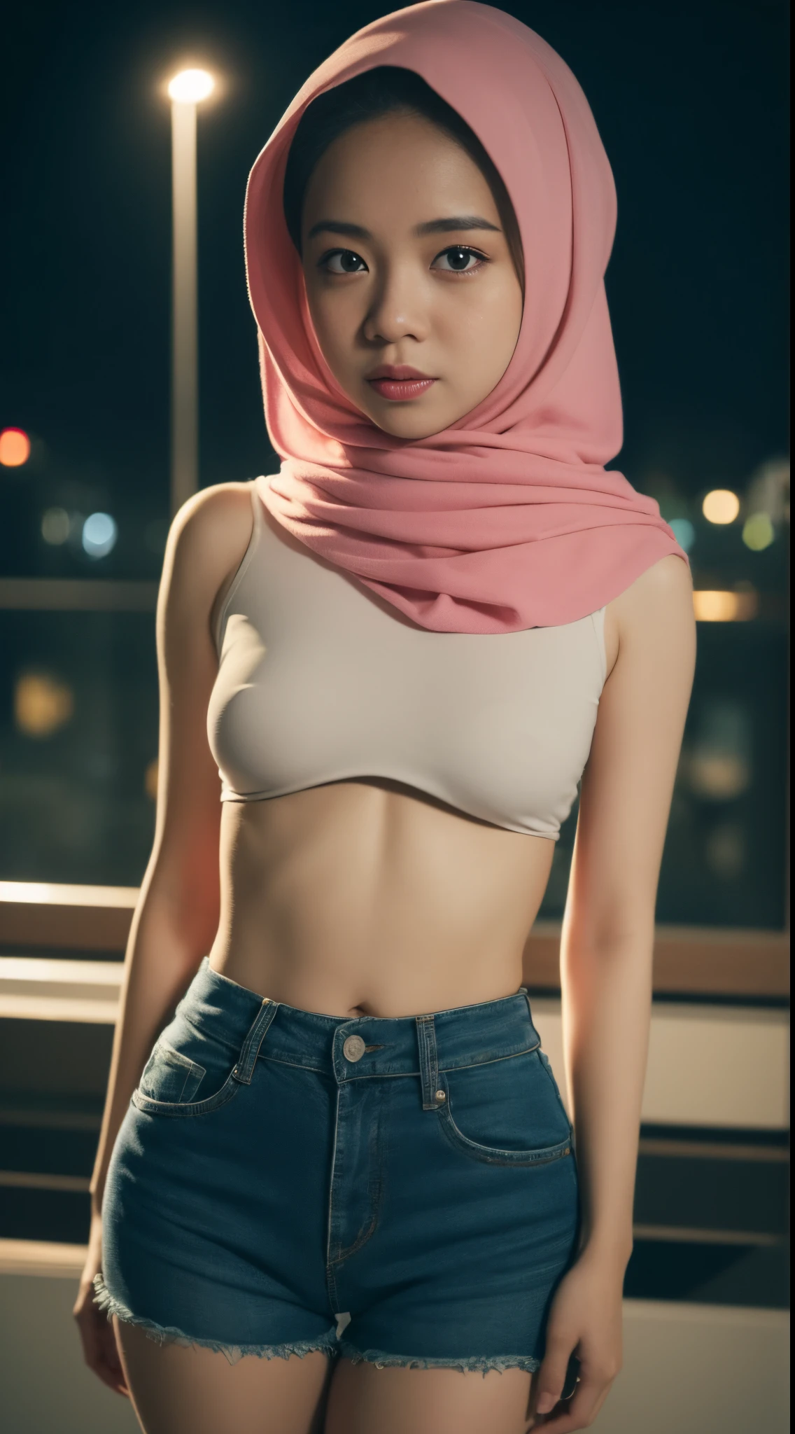 A woman in a pink scarf and jeans posing for a picture - SeaArt AI