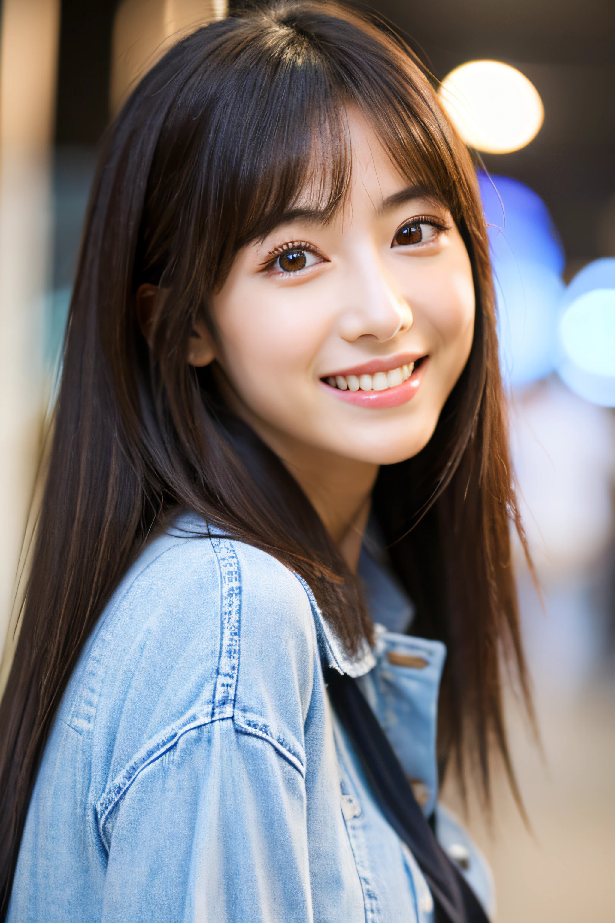 Arafed asian woman with long hair and blue denim jacket smiling - SeaArt AI