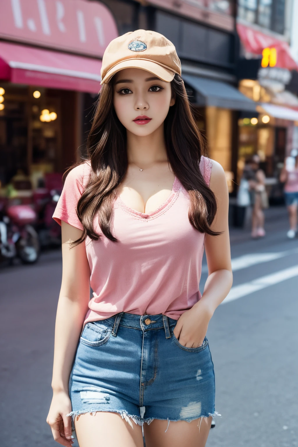 A woman in a pink shirt and denim shorts is walking down the street -  SeaArt AI