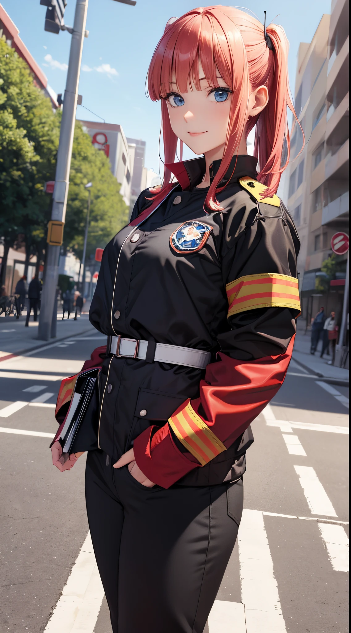 Nino Nakano sorrindo,sexy,uniforme de bombeiro,PÁTIO