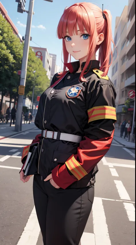 Nino Nakano sonriendo,sexy,uniforme de bombero,patio