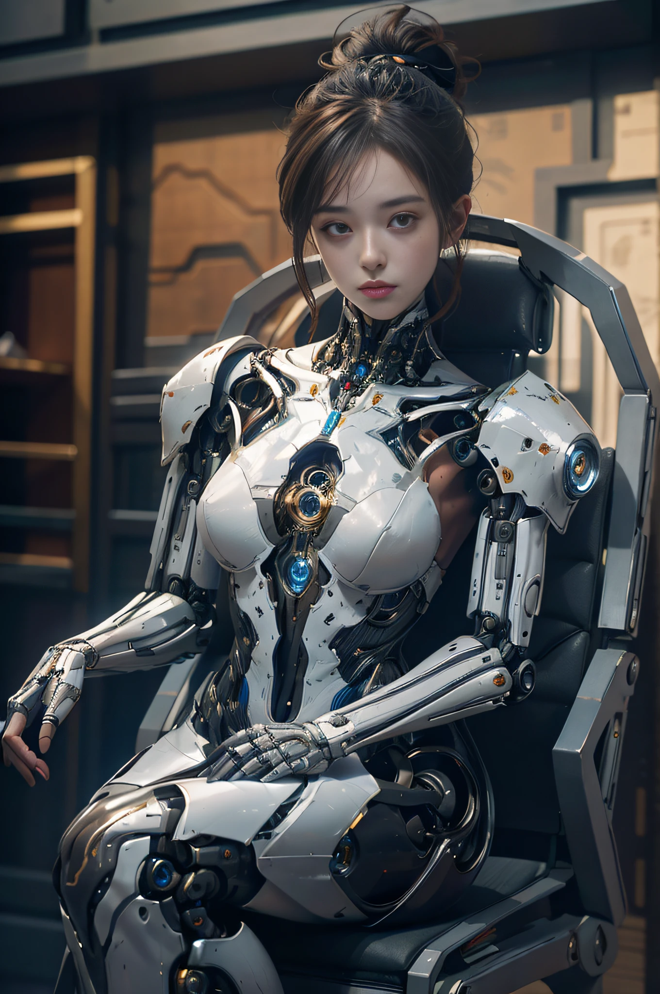 A woman in a futuristic suit sits on a chair, robot-girl, Female robot body, Look at me charmingly，Beautiful white girl robot, Beautiful robot girl, Perfect anime robot woman, robot-girl, mech robot, perfect android girl, Cute robot girl, perfect robot woman, unreal engine rendered + welcoming, anime robots