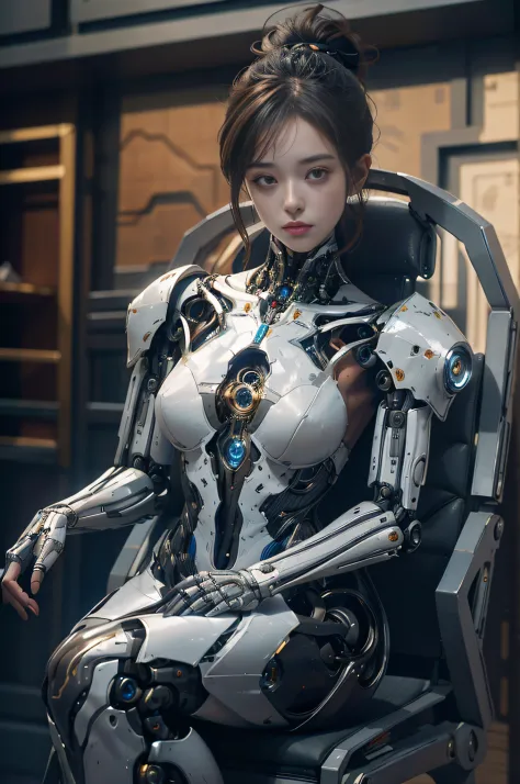 A woman in a futuristic suit sits on a chair, robot-girl, Female robot body, Look at me charmingly，Beautiful white girl robot, B...