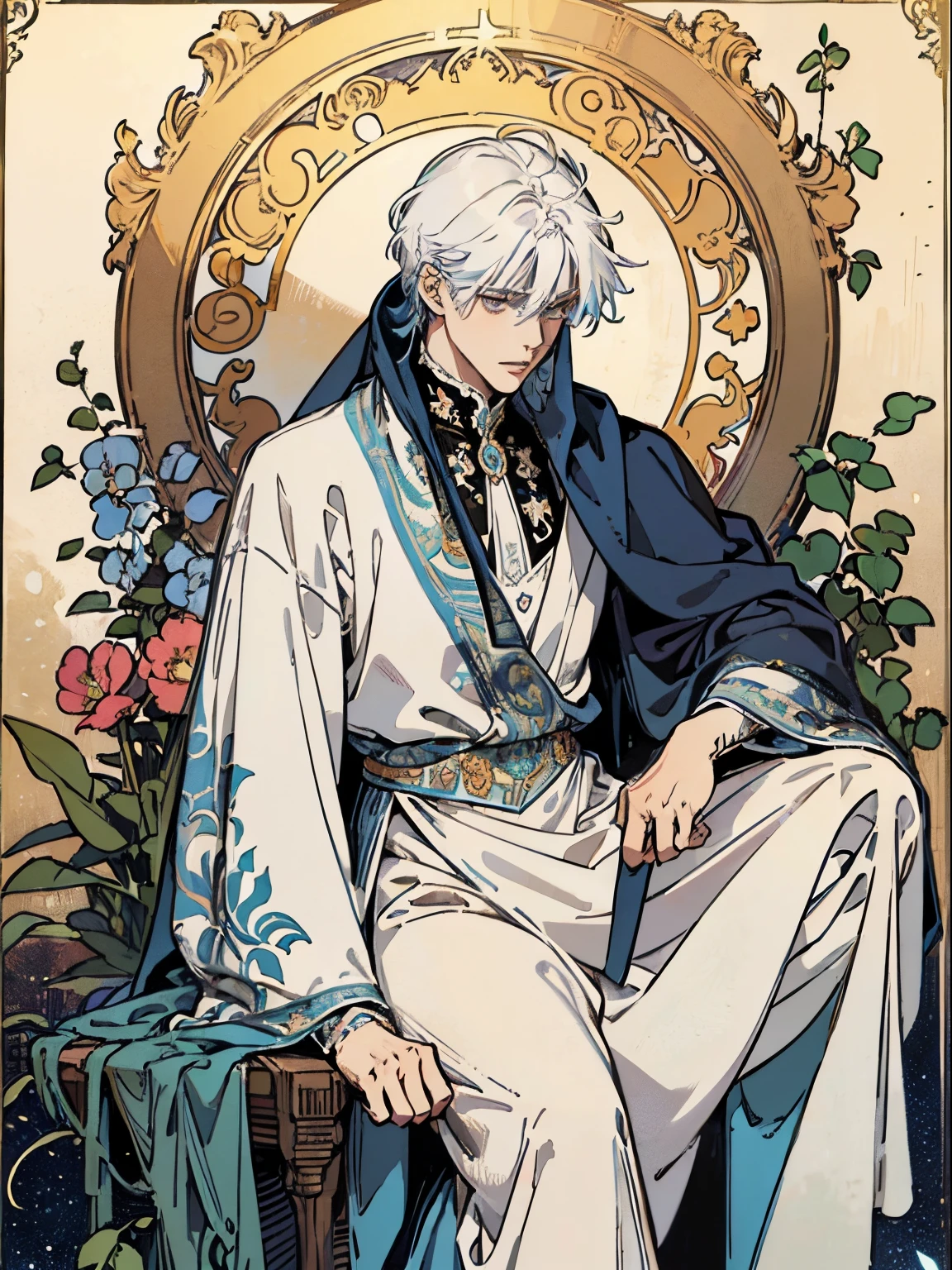 (Flat color:1.1),(Colorful:1.3),(Masterpiece:1.2), tarot: 1white hair man, moon in the starry night, white silk robe, divine, beautiful,  Leon Scott Kennedy, Best quality, Masterpiece, Original, Full body photo of men，Very detailed wallpaper,Solo，Blue starry sky，tarot card layout，Best quality, Masterpiece, (Realistic:0.6), Realistic lighting,Flower frame， Decorative panels， abstract artistic， Alphonse Mucha （tmasterpiece， best qualtiy， A high resolution： 1.4）， A detailed， Complicated details， 4K，cerulean， Line art， Fibonacci