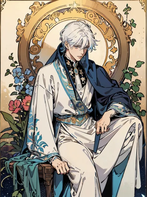 (Flat color:1.1),(Colorful:1.3),(Masterpiece:1.2), tarot: 1white hair man, moon in the starry night, white silk robe, divine, beautiful,  Leon Scott Kennedy, Best quality, Masterpiece, Original, Full body photo of men，Very detailed wallpaper,Solo，Blue star...