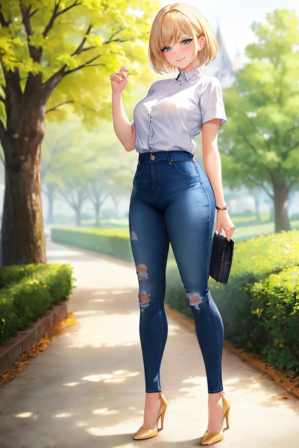 masterpiece, best quality, ultra-detailed, beautiful lighting, Woman, tight jeans, blonde hair, (green eyes:1.3, standing up, in park, beautiful scenery,bra, slight blush, smiling, (cute smile:1,1), (glossy lips:1.1), (beautiful eyes:1.1), wonderful background, closed mouth, armbehind_back, short hair,back wiev,ass,legs,heels,full body